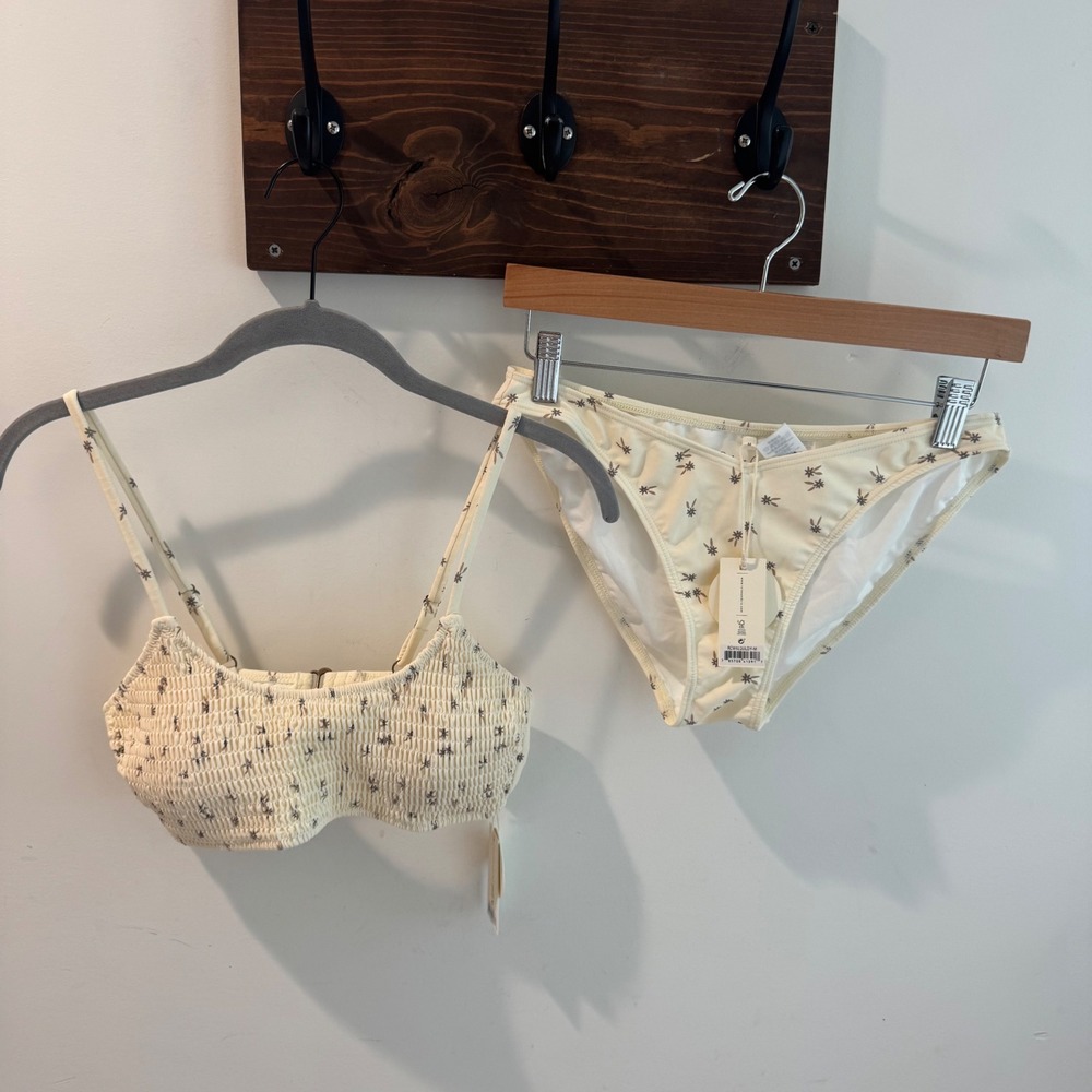 Rylee + Cru Womens Cream Palm Smocked Bikini Set UPF 50 Swimsuit RCW511ULDY-M